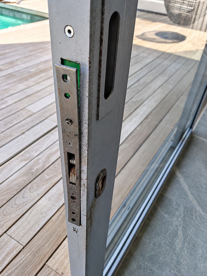 Lock mechanism set into the edge of an aluminum sliding door panel.