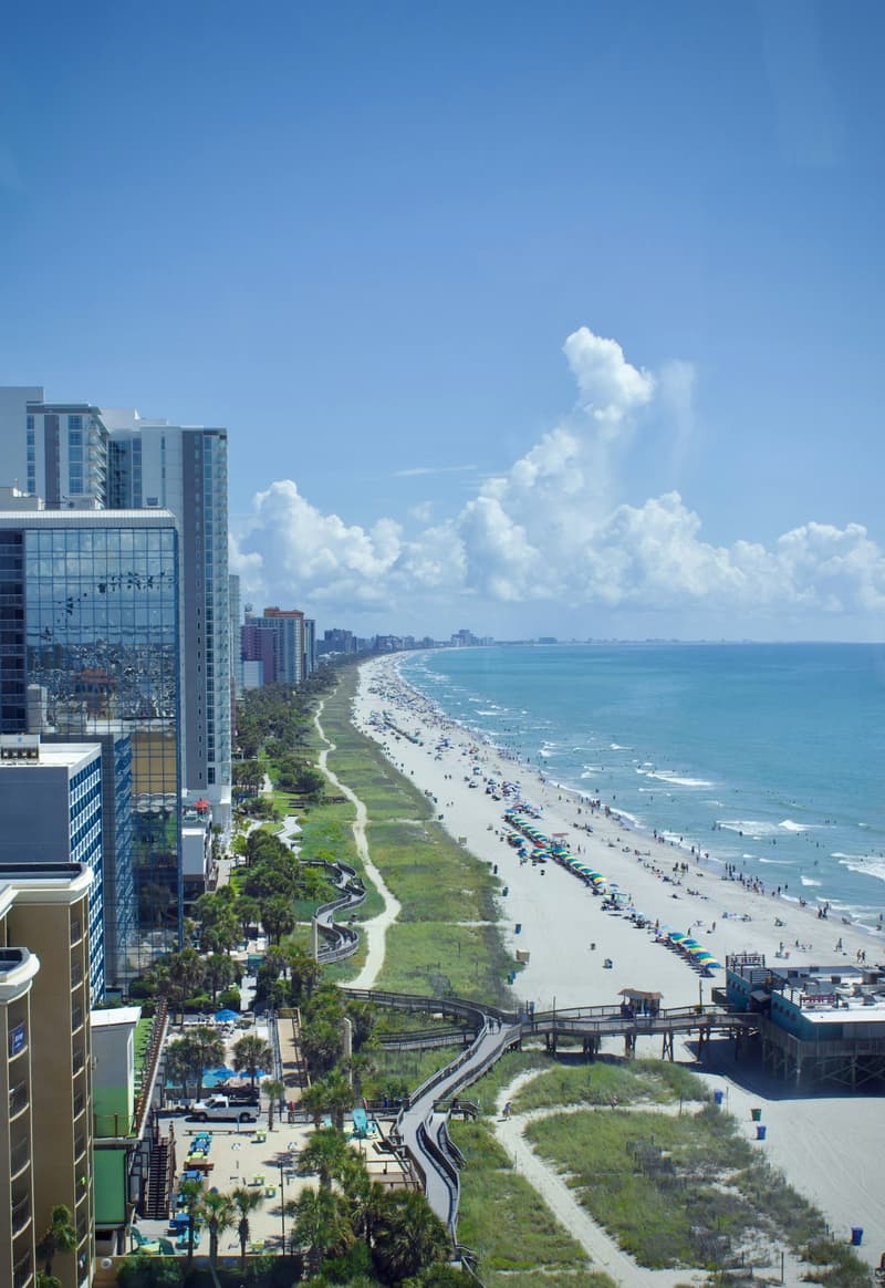 Myrtle Beach oceanfront buildings alongside the Atlantic shoreline.
