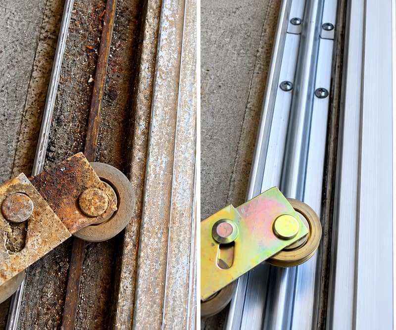 Side-by-side view of a rusted roller in a dirty track and a new roller in a clean track.